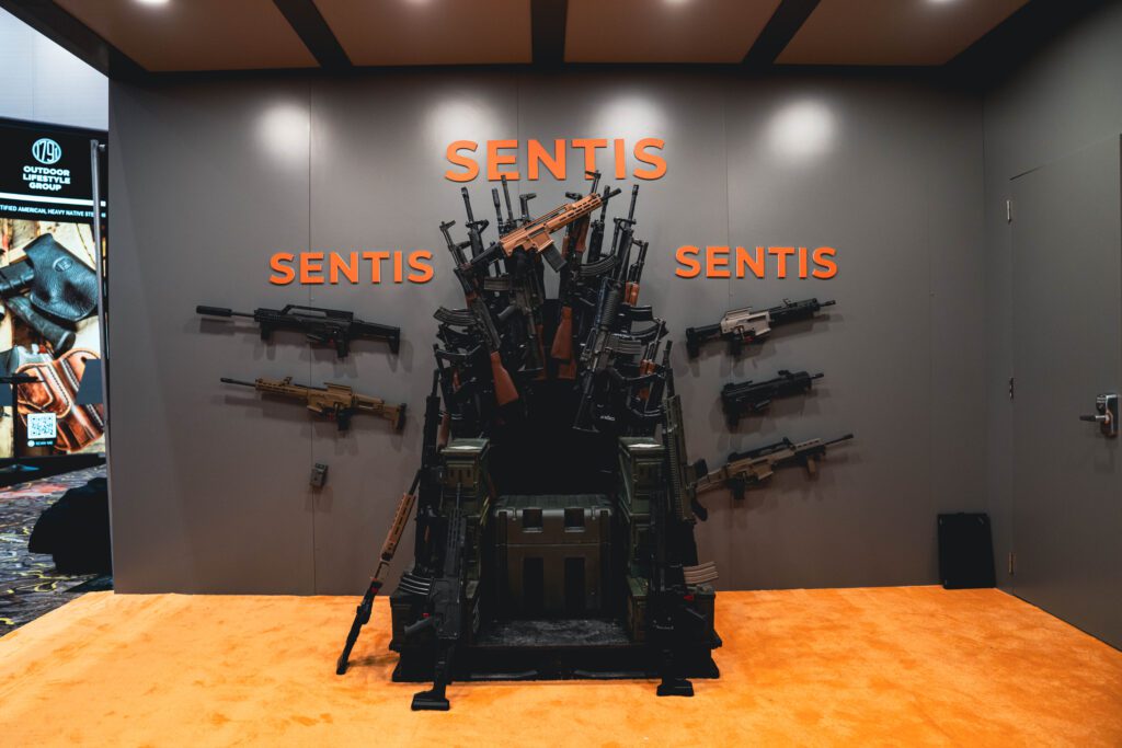 Booth with gear wall and orange flooring