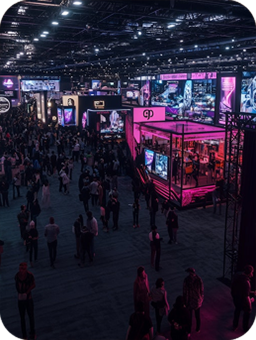 Busy trade show floor with colorful exhibit booths