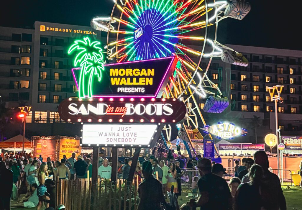 Night view of neon lights and palm signs
