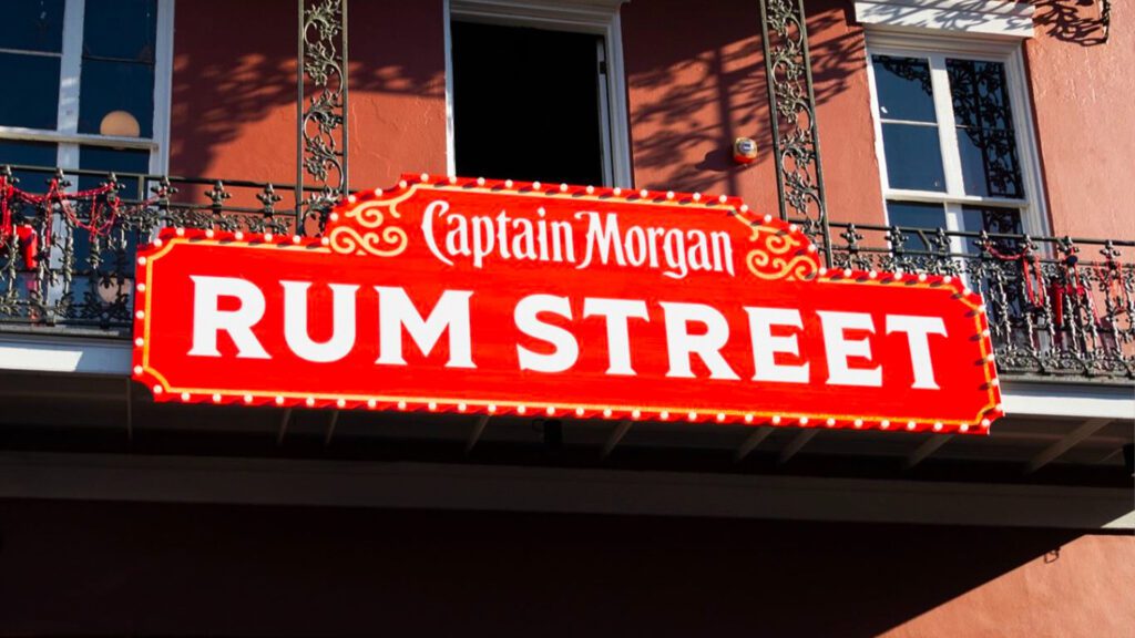 Exterior view of Captain Morgan Rum Street branded sign on brick building
