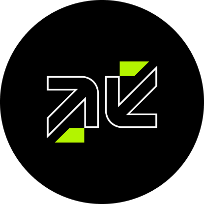 Black circular logo featuring two geometric arrows outlined in white with lime green accents pointing up and down.