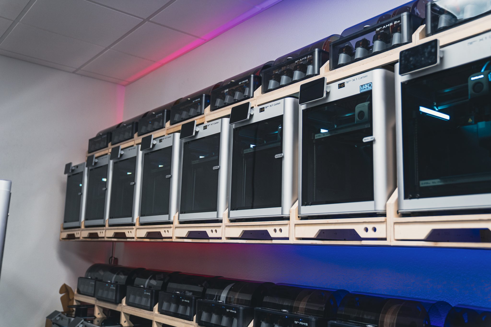 Large-format 3D printer farm running production parts at the Steadfast shop